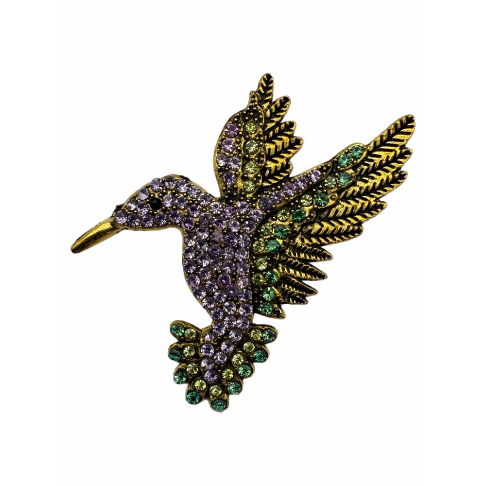 Vintage-inspired Gold Tone Hummingbird Brooch Purple Green Rhinestone Bird